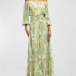 $650 Shoshanna Smocked Off-Shoulder Floral-Print Gold accent Maxi Dress 8